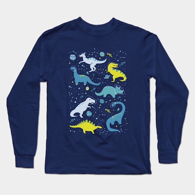 Space Dinosaurs in Bright Green and Blue Long Sleeve T-Shirt by latheandquill